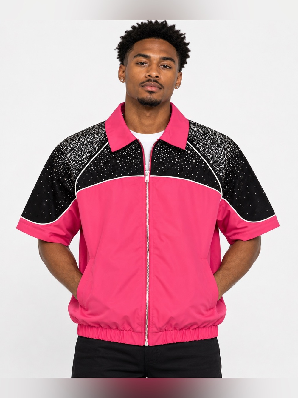 Kindred Men’s Pink Black embellished Rhinestone Zip up track Jacket size large